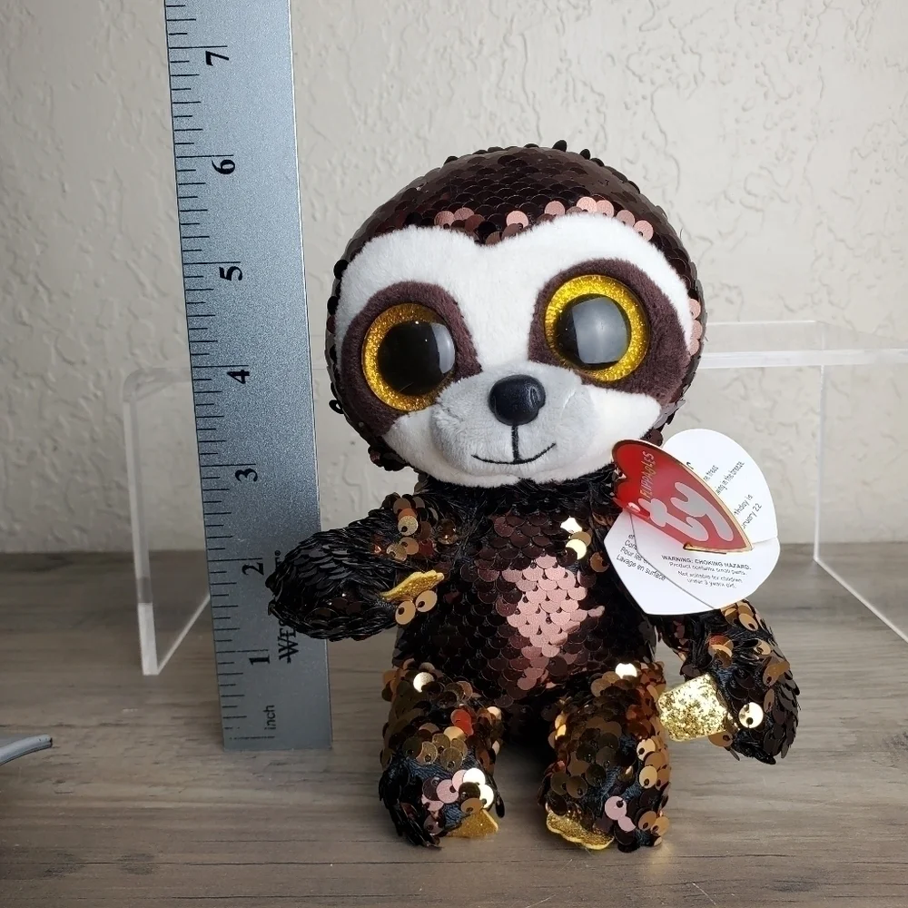 TY Flippables Limited Collection Dangler the Sloth Brown Gold Sequins Plush 6